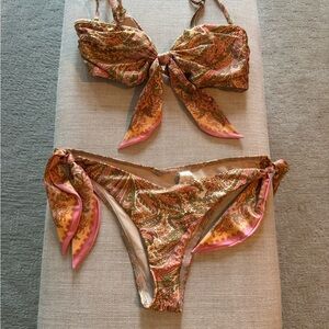 Zimmermann Pink & Gold Paisley Tie-Front Bikini Set-  top size 3, bottom size 2